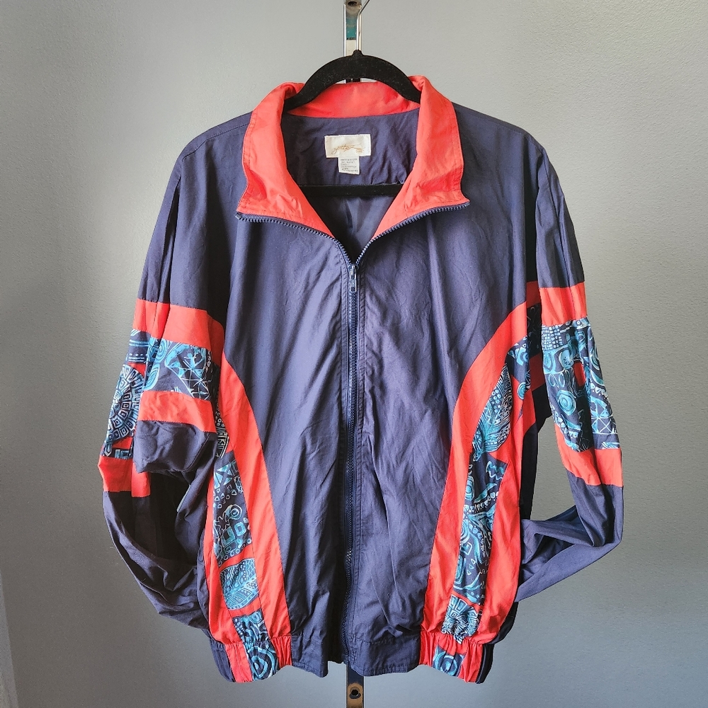 Vintage Gottex Adult L/XL Cotton Shell Windbreaker Zip Jacket Blue Red Geometric